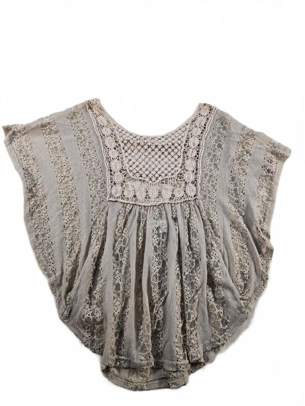 Tan Lace Overlay Dolman Poncho Blouse Boho Crochet Peasant Top M Fairy